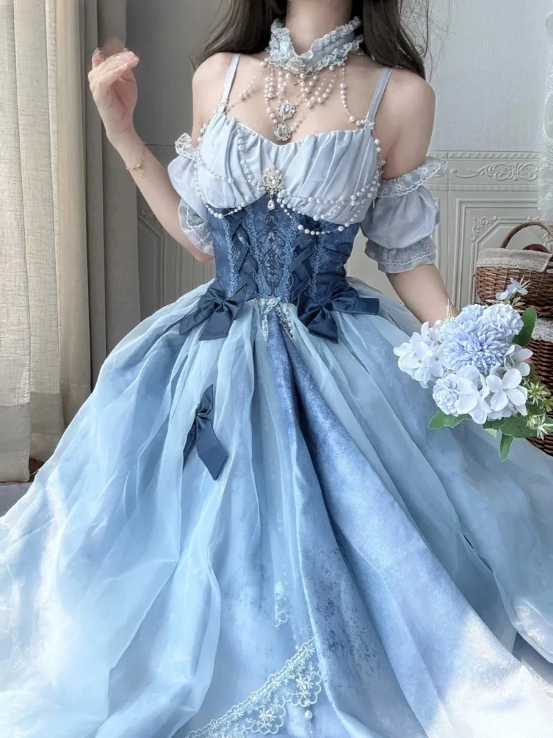 High Waist Slim Fit Blue Lolita Dress - Japanese Sweet Fairy Princess Costume, Long Puffy Evening Gown for Birthday Wedding 2026 view 2