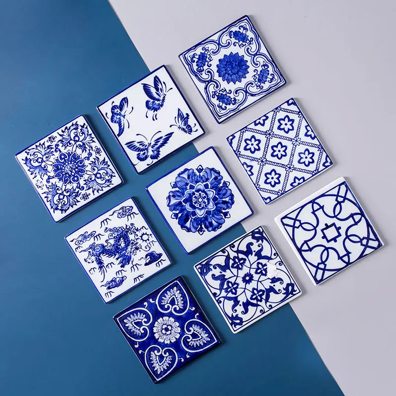 

Tea cup pad ceramic plate pad blue and white Chinese retro coffee cup pad square heat insulation pad wall tiles