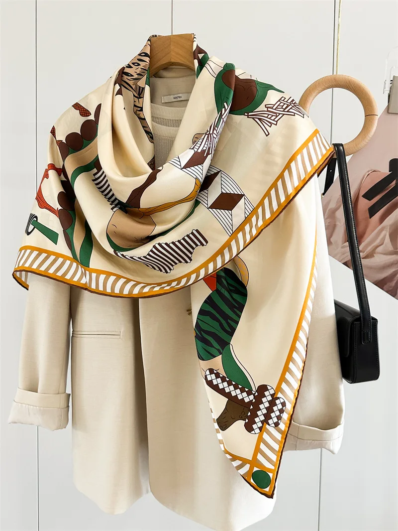 

Horse Print Large Silk Scarf Luxury Designer Shawls Stole Hand Rolled Edges Mother Lover Gift Twill Scarves 135CM