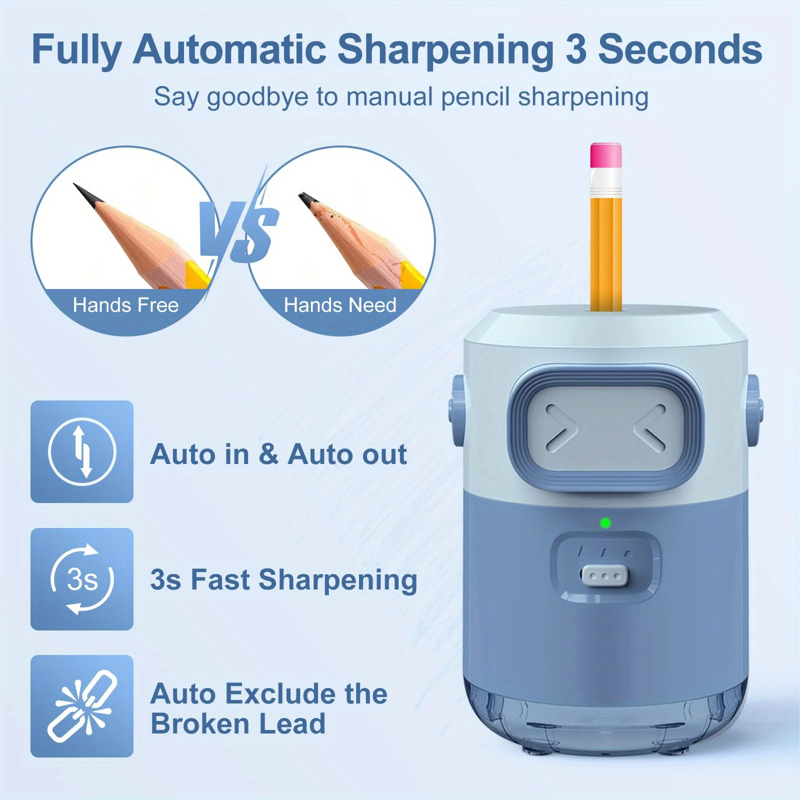 Portable Automatic Pencil Sharpener, Compatible With 6.5-8mm Pencils, Auto-Feed Design, Adjustable Point Settings, Rechargeable