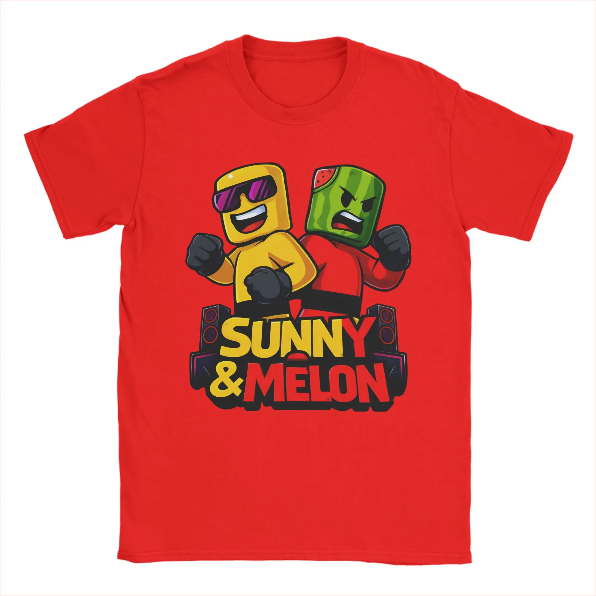 T-Shirt Beach Sunny And Melon Fist Pose With Speakers Cartoon Art T Shirts Cotton Tee Shirt for Couple Y2K Short Sleeve Clothing