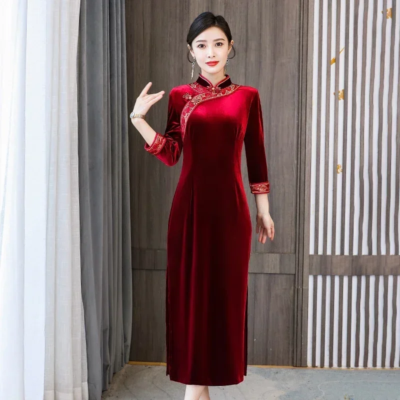 

Wedding Mom Gold Velvet Improved Cheongsam Autumn Winter New High-End Chinese Traditional Qipao Dress New Year CNY