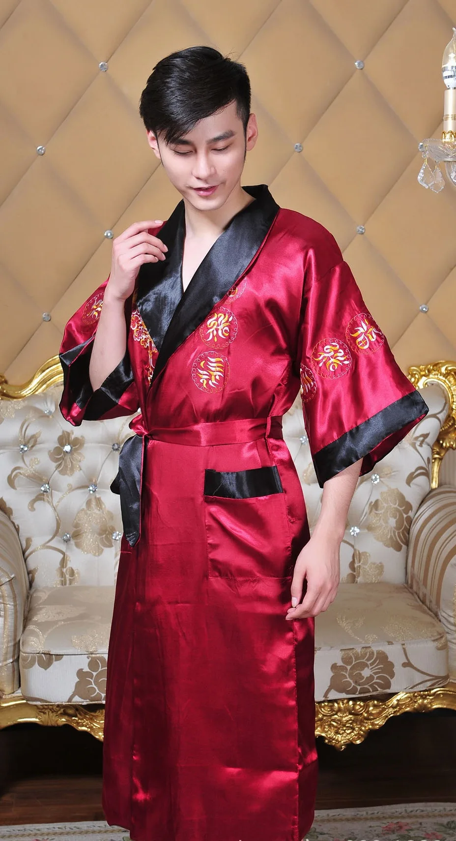 Robe Men Chinese Style Embroidered Dragon Kimono Night Dress Long Sleepdress Night Gown Cardigan Robe Bath V Neck Homewear