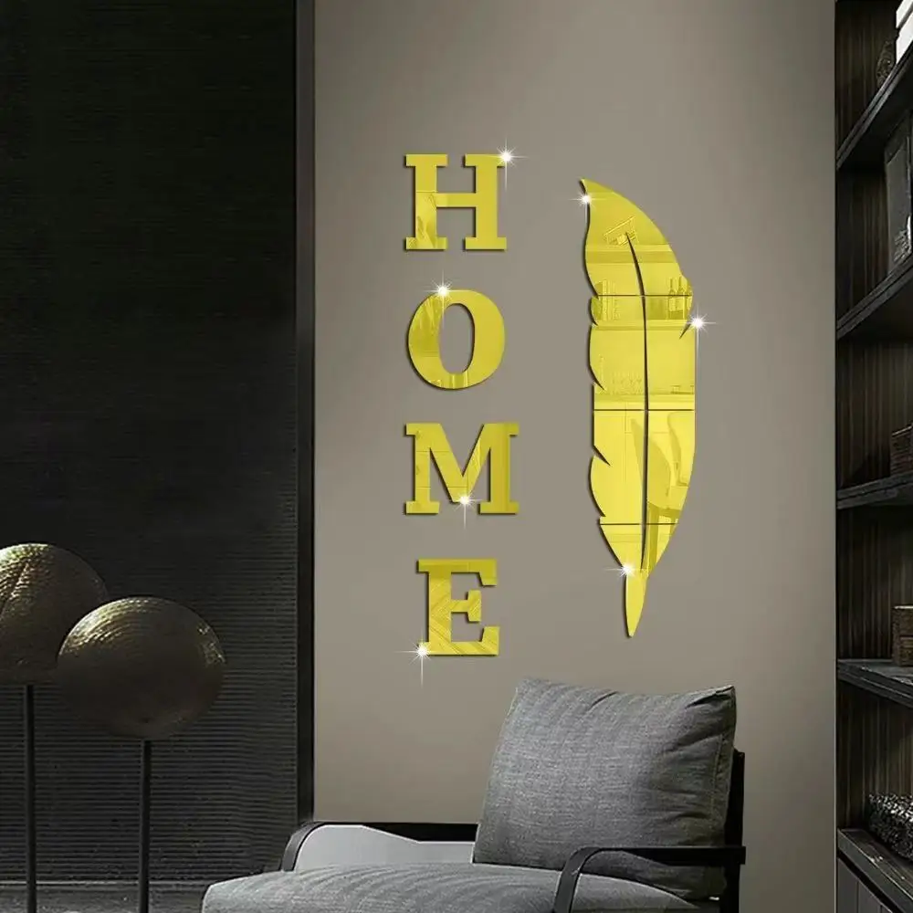 3D Home English Letter Feather Mirror Paste Decoration Room Porch Living Room Background Wall Mirrors Modern Home Decoration