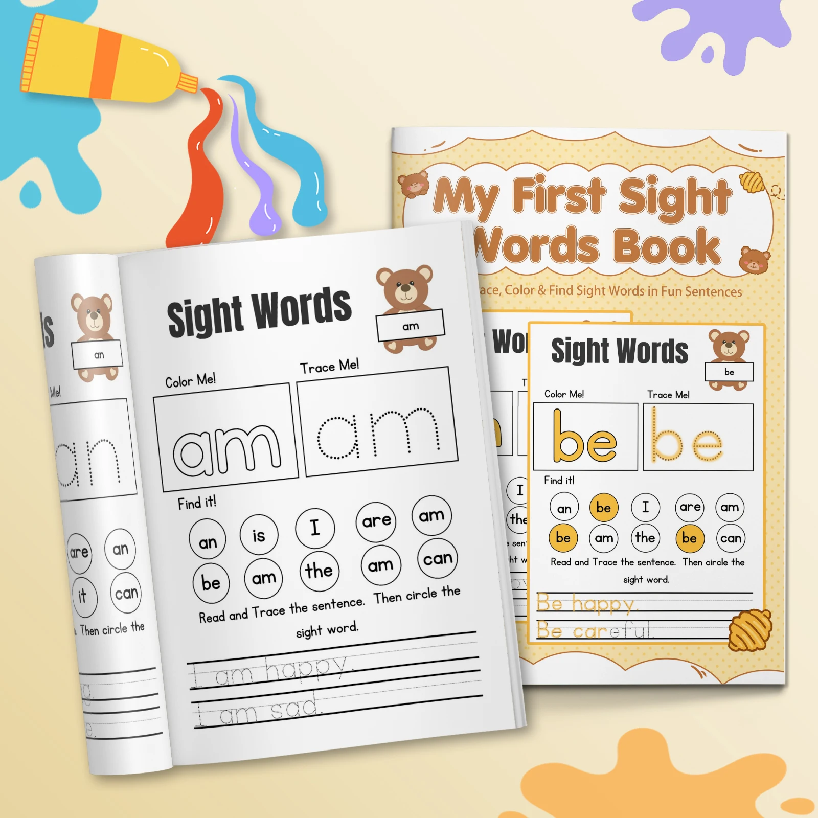 Kids English Word Coloring Workbook, Cute Cartoon Designs, Preschool Educational Activity Book for Fun English Learning