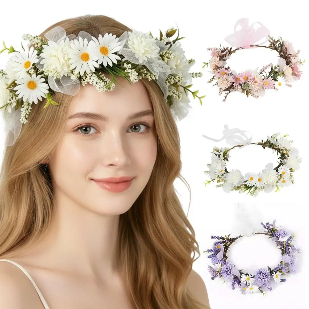 Bohemian Artificial Flower Wreath Headband Daisy Floral Crown For Bride Bridesmaid Wedding Party Vacation Headpiece