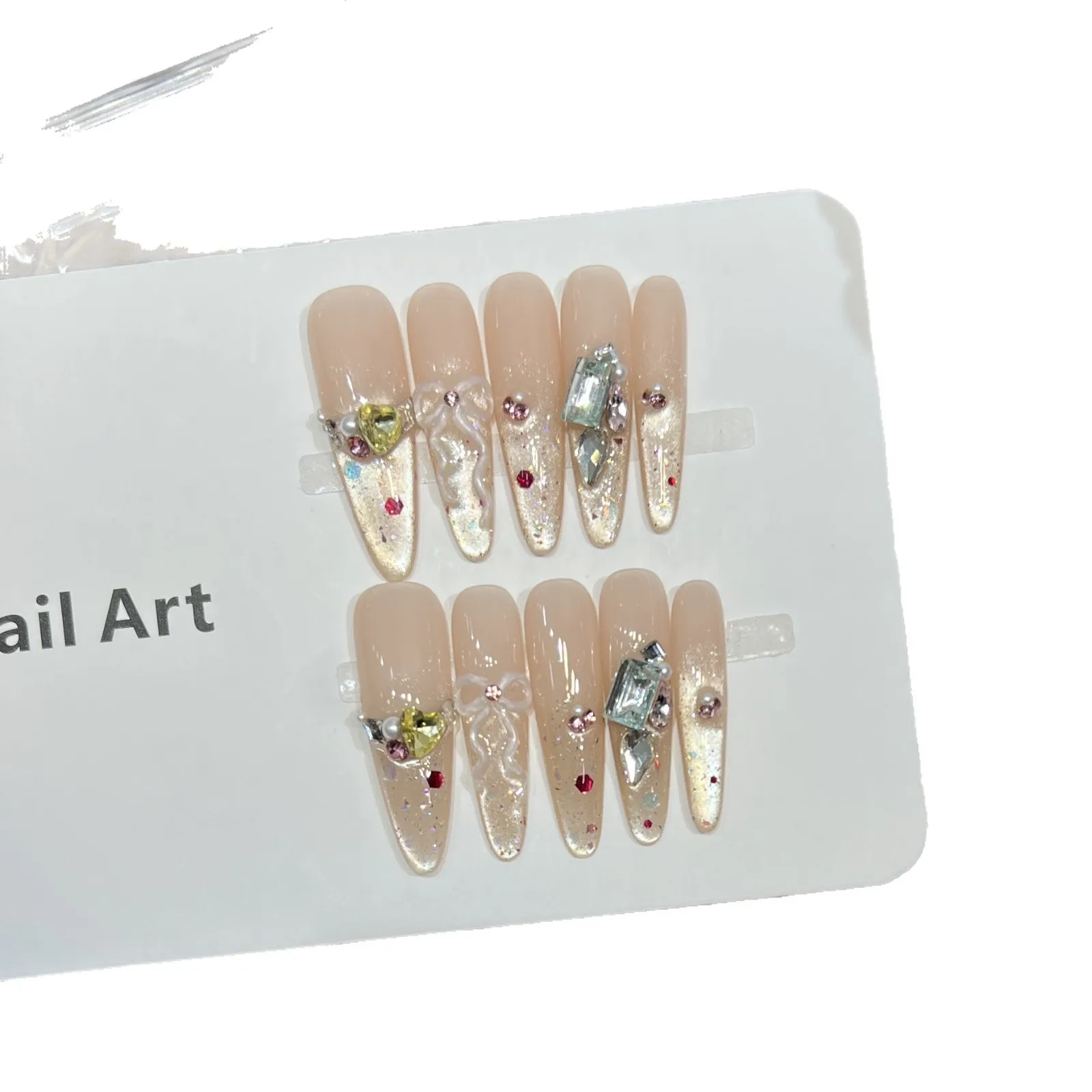 10 stuks luxe handgemaakte lange stiletto pers op nagels glanzende cat eye Franse strass glitter ontwerp nep nagel draagbare kunstnagels