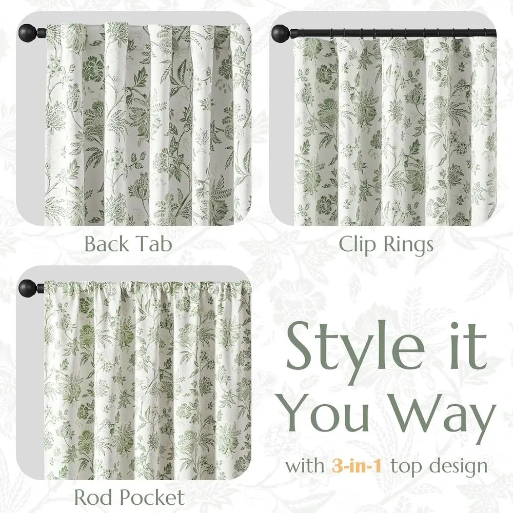 ستائر تعتيم بالزهور الخضراء المريمية، 108 طويلة، مجموعة من لوحتين، نمط المزرعة، بلوزة طويلة جدًا