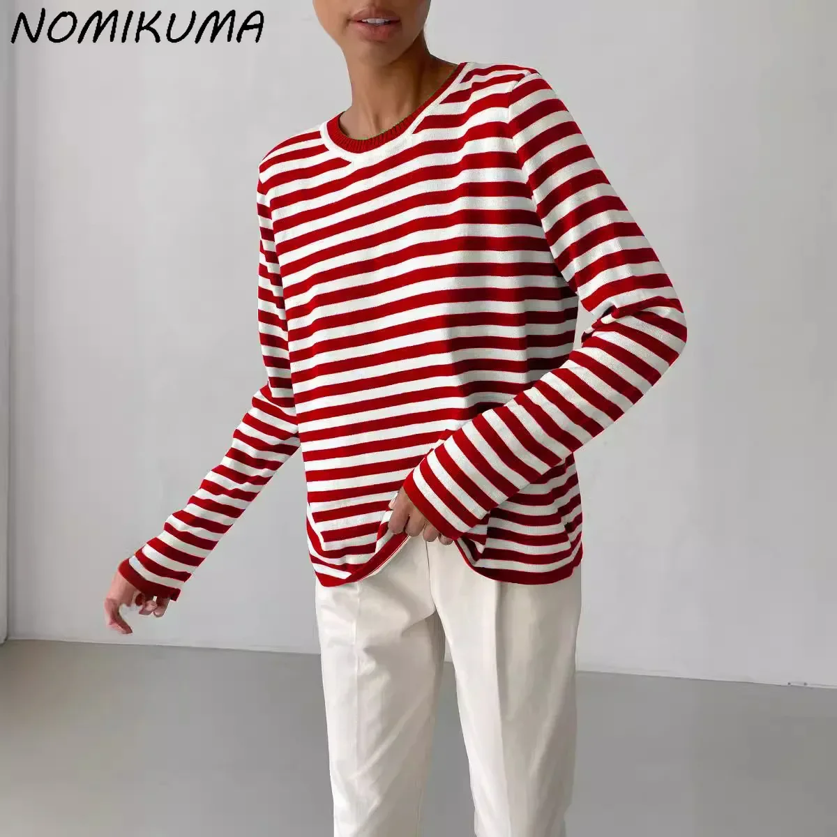 

Nomikuma Causal Round Neck Knitted Striped Sweater 2024 Autumn/winter Versatile Retro Striped Pullover Knitwear Tops for Women