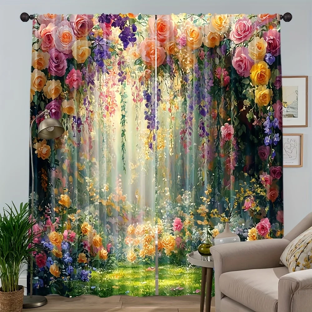 2PCS Digital Printed Curtains, Jungle Tropical Flower Bouquet Botanical, Window Curtains for Living Room Bedroom Home Decoration