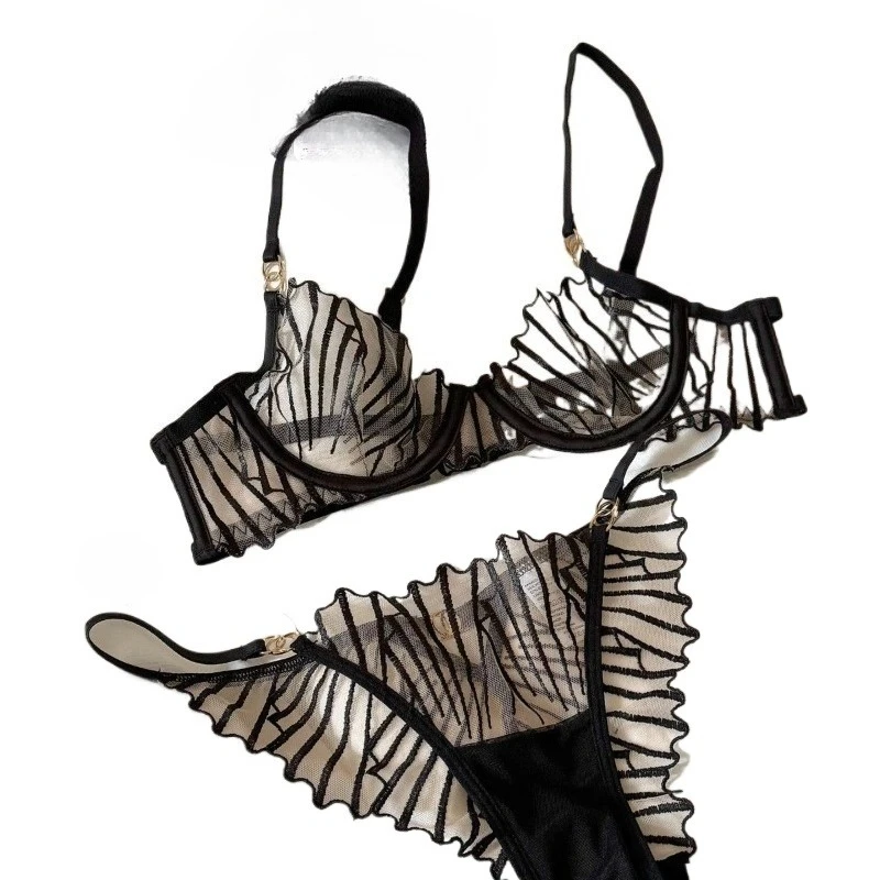 

French niche ultra-thin soft steel ring underwear women's upper support lace mesh big chest small sponge-free bra set embroidery