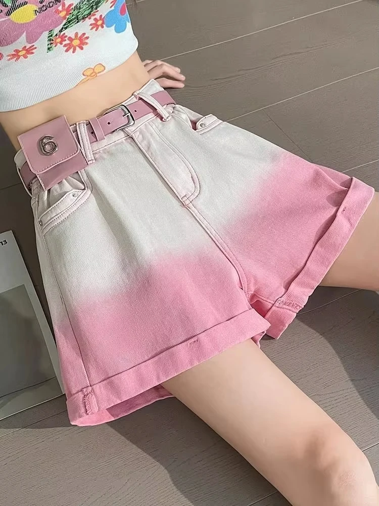 

Женская одежда, лето 2025, новые розовые шорты с эффектом омбре, джинсовые джинсы с высокой талией, шорты Gyaru, модные уличные шорты трапециевидной формы Feminino