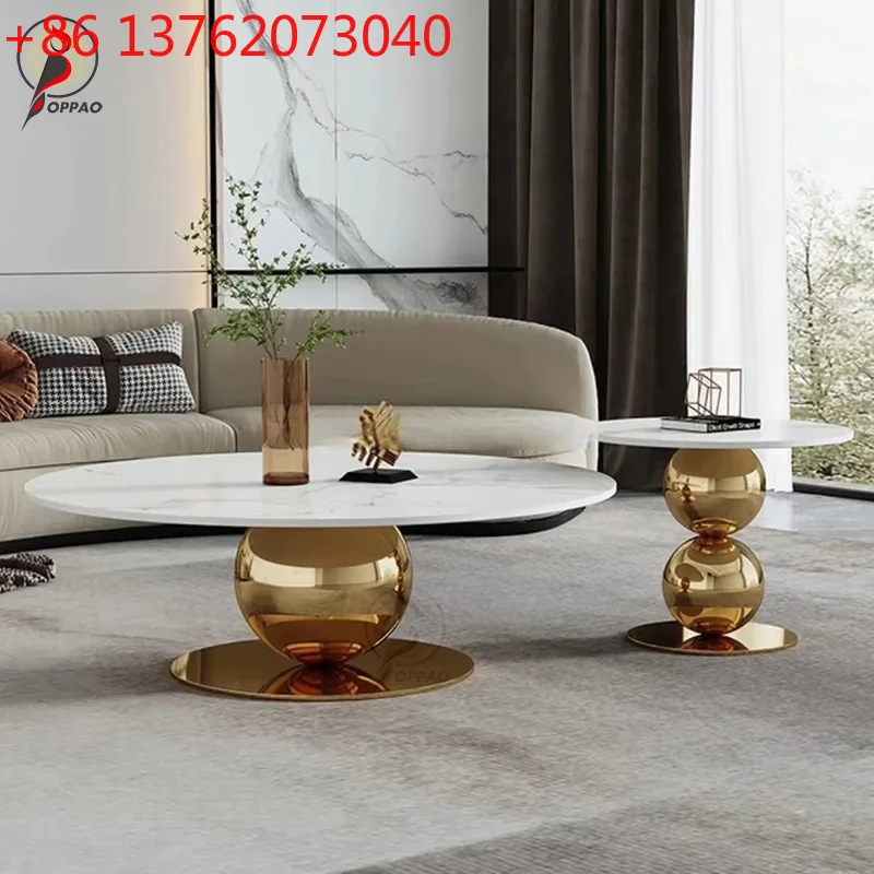 طاولة قهوة فاخرة خفيفة من الفولاذ المقاوم للصدأ، طاولة زاوية بحافة بلاطة صخرية رخامية عالية ومنخفضة #1