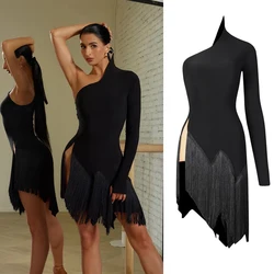 Fashion One-Sleeve Latin Dance Dresses For Women Black High Collar Fringed Dresses Adults Samba Chacha Salsa Dress  SL9555