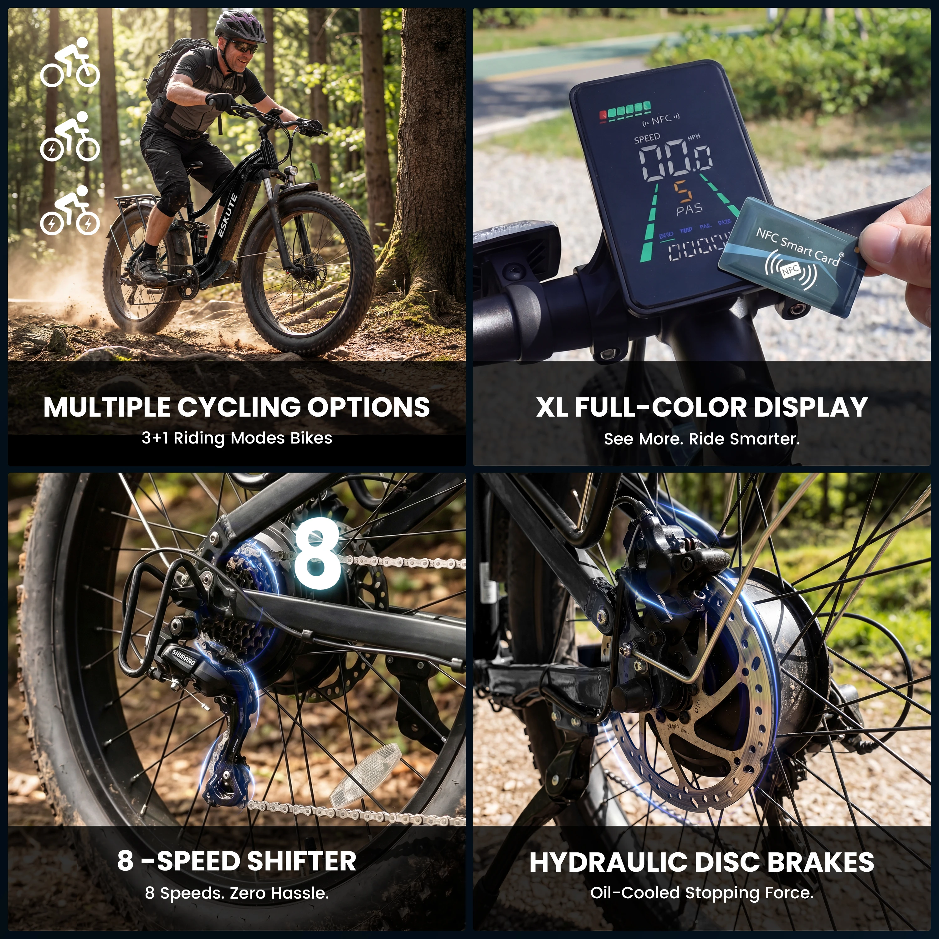 ESKUTE C300R-SO - Full Suspensions -  Electric Bike for Adults ，48V20.8Ah Battery Ebike up to 80 Miles, Peak, 26x4.0 Fat Tire Step-Over Ebike, 8-Speed, UL2849 E-Bike view 4