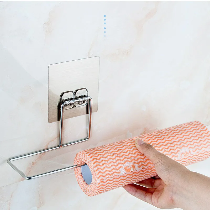 Seamless Sticky Hook Stainless Steel Hanger Hole-Free Lazy Rag Bracket Kitchen Toilet Tissue Towel Storage Rack