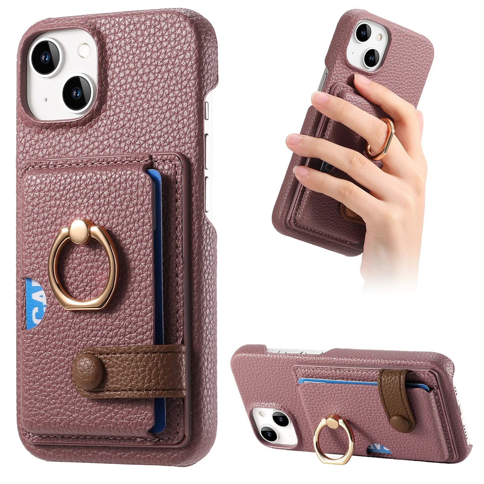 Leather Ring Support Phone Case for IPhone 17 Air 16E 18 16 15 14 13 12 11 Pro Max Plus Wallet with Card Holder Shockproof Cover