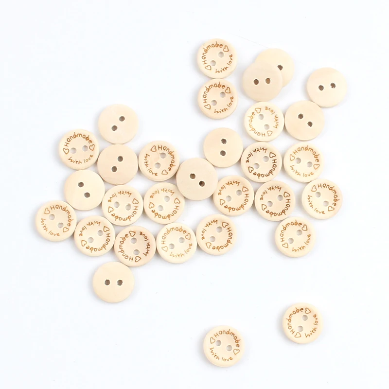 100pcs 15/20/25mm carving handmade with love Wood Buttons Flatback 2 Holes Wooden button Sewing Tools DIY Scrapbook Craft