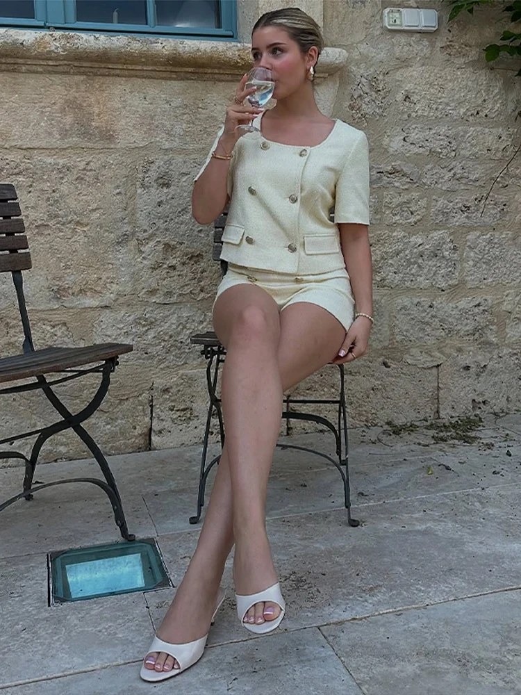 Chique duplo breasted camisa shorts conjunto feminino sólido o-pescoço manga curta mini calça curta 2025 verão senhora casual high street outfit