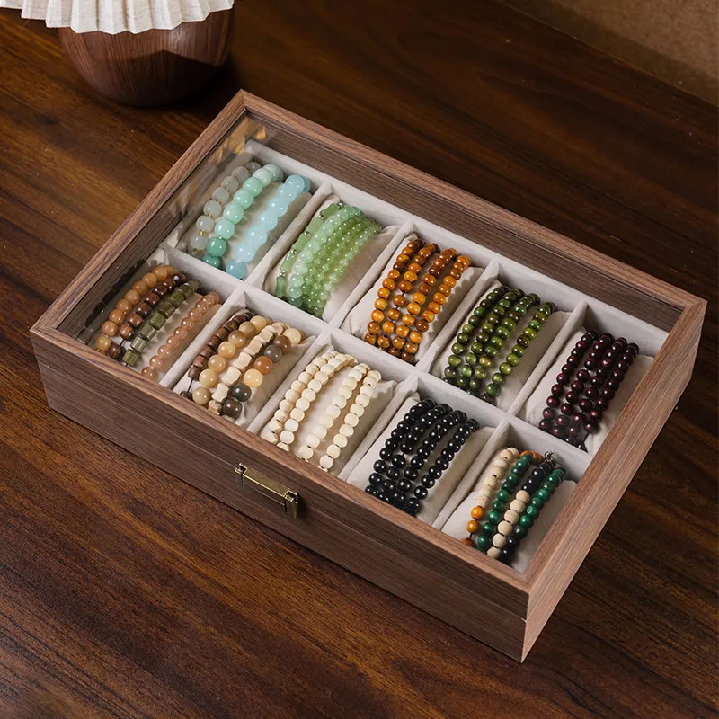 Vintage Wooden Jewelry Storage Box Crystal Bracelet Bangle Bead Ornament Collection Display Organizer Case Grid
