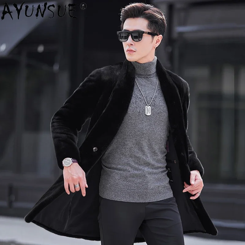 AYUNSUE-Manteau en fourrure de vison véritable pour hommes, vestes mi-longues, col en V, mode combinée, fourrure naturelle, hiver 2023