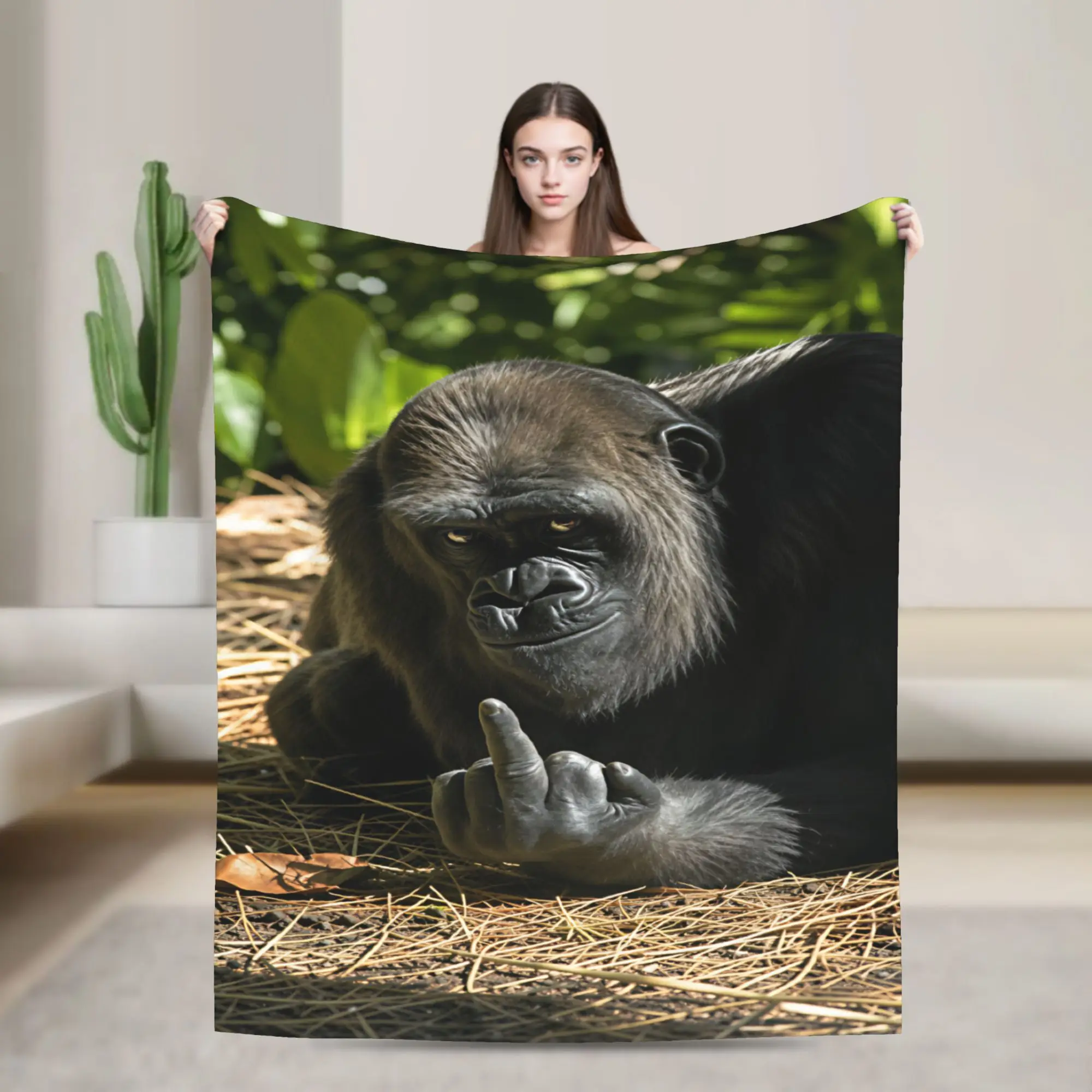 Warm Soft Blanket Airplane Travel Gorilla Middle Finger  Throw Blanket  Flannel Bedspread For Couch Bed Fluffy Sofa Bed Cover