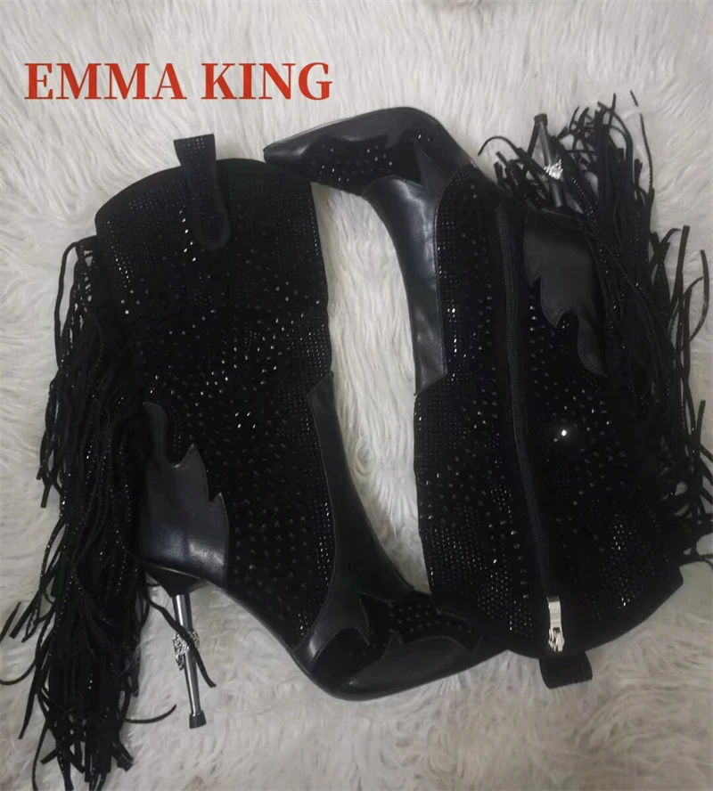 موضة الأسود كريستال هامش حذاء من الجلد مثير أشار تو المعادن أحذية عالية الكعب النساء السيدات الجانب سستة فستان أحذية الشتاء