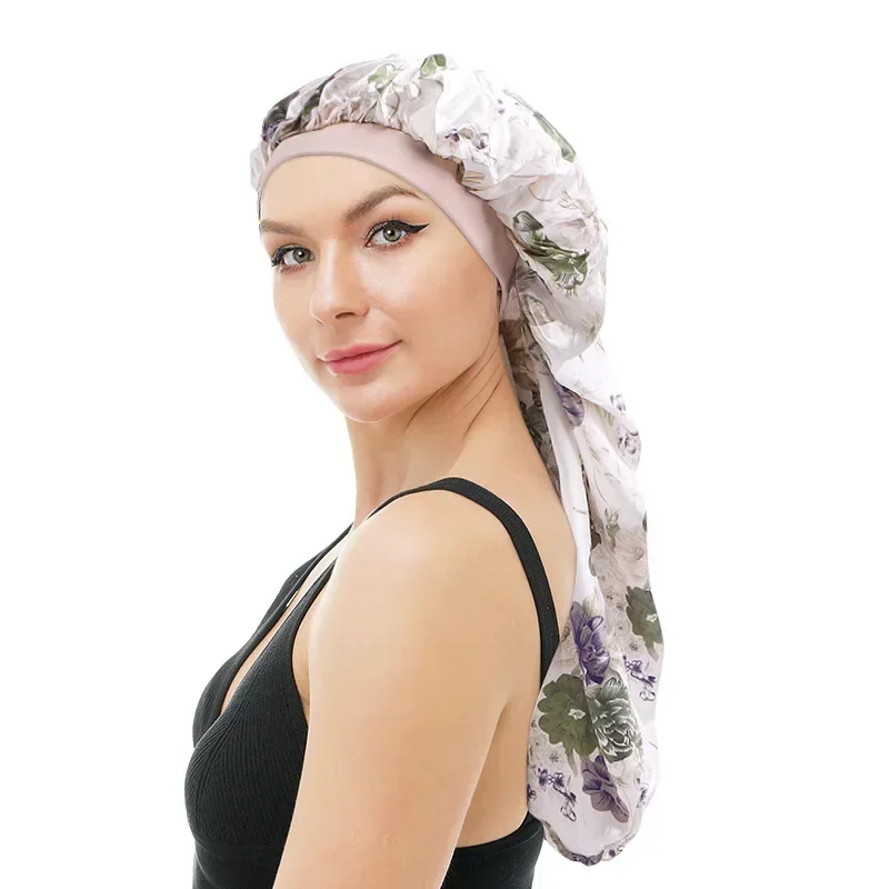 Stretch Edge Long Barrel Satin Nightcaps Printed Hair Care Caps Shower Caps Beauty Perm Caps