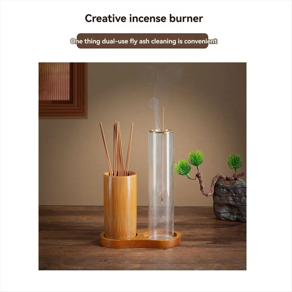Homegood Incense Holder for Sticks Anti-Ash Flying Incense Burne with Glass Ash Catcher and Bamboo Incense Sticks Organizer