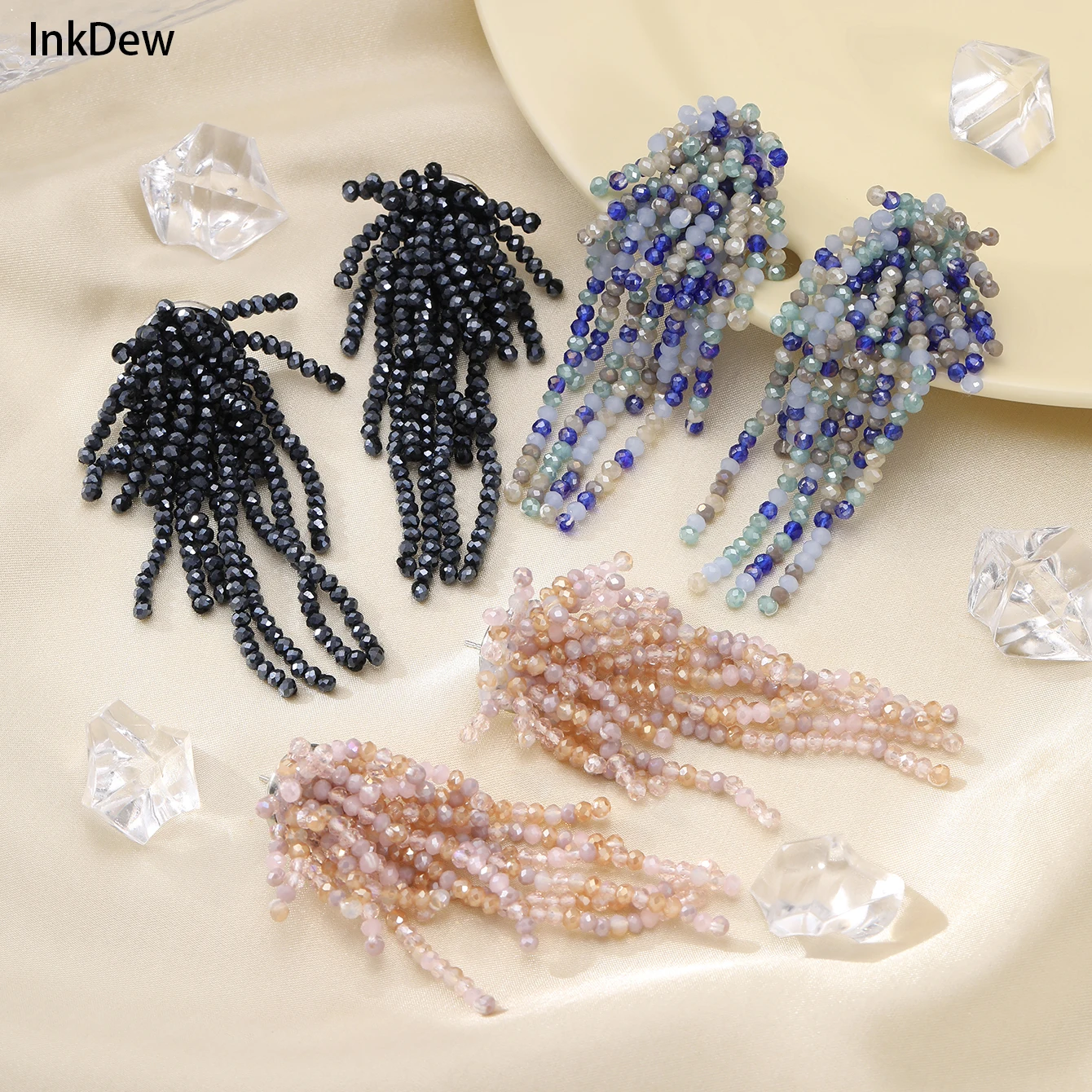 INKDEW Tassel Mixed Color Long Drop Earrings Colorful Bead Handmade Threading Crystal Earrings for Women Gift Big Jewelry EA062