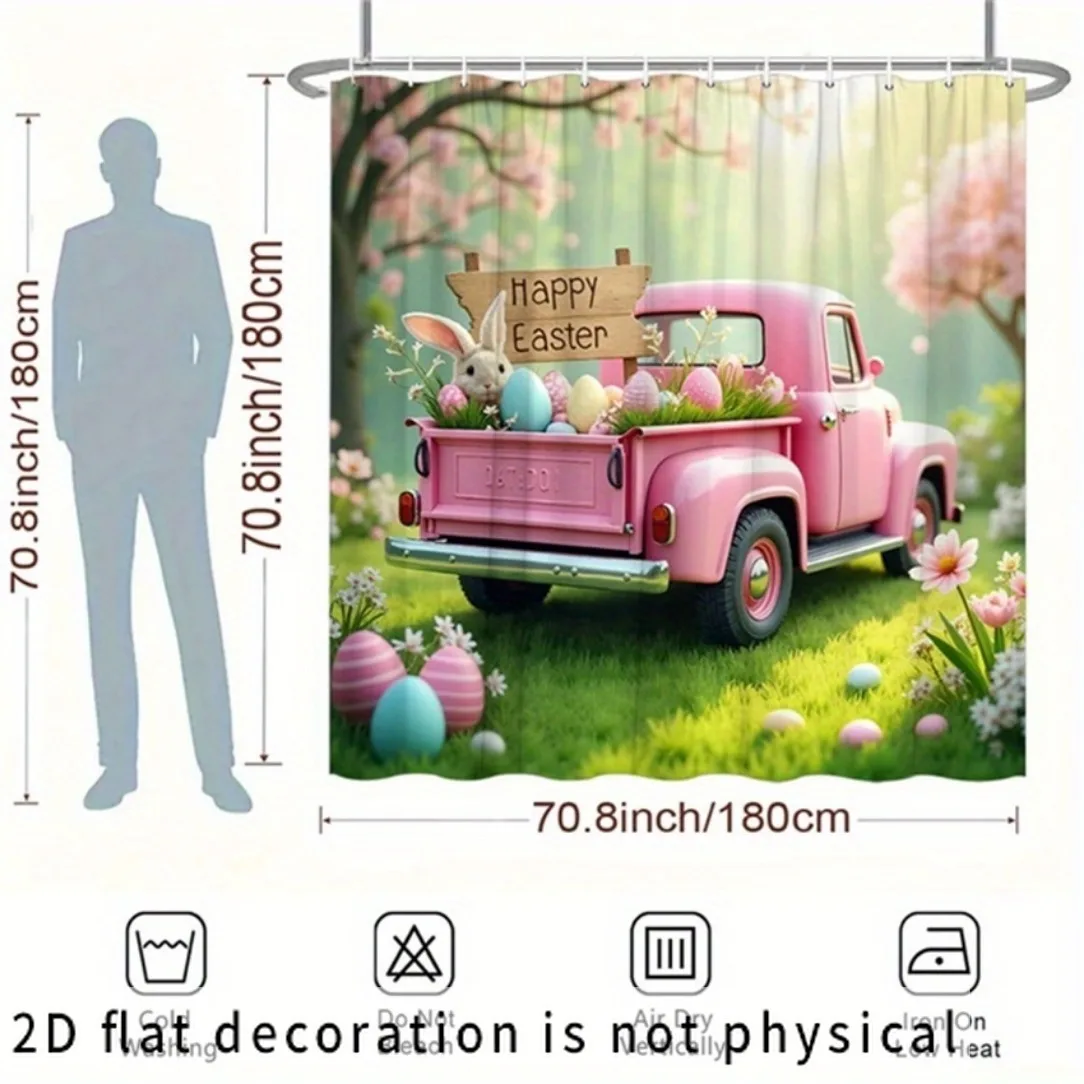 2D Flat, 1pc Vintage Pink Easter Shower Curtain with Bunnies and Pastel Eggs - Whimsical Spring Floral Design, Durable and Easy