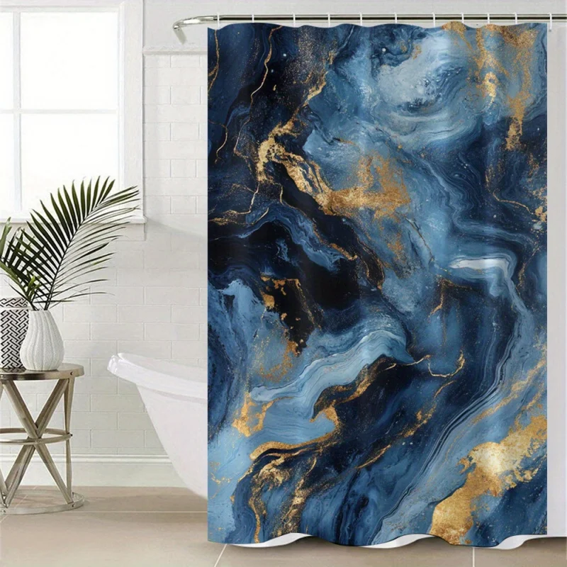 Blue & Golden Marble Shower Curtain Set with 12 C-Type Hooks, Water-resistant Polyester Fabric, Ocean Waves Digital Print Design