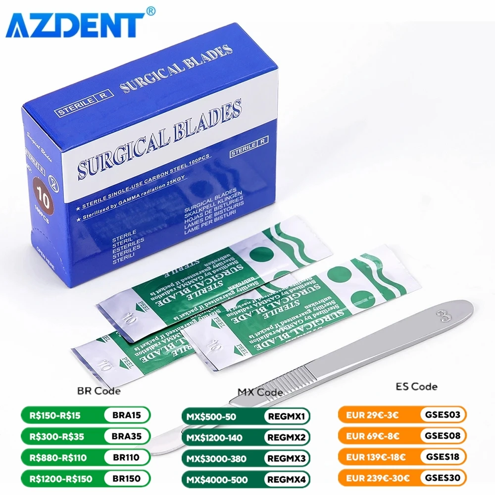 100pcs/Box Dental Surgical Scalpel Sterilized Blades AZDENT Carbon Steel 10# 11# 15# with 1PC 3# Scalpel Handle Instruments