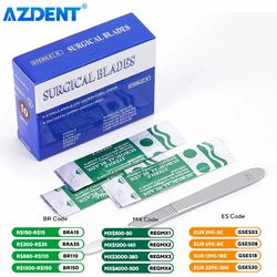 Cuchillas esterilizadas para bisturí quirúrgico Dental, instrumentos con mango de acero al carbono AZDENT 10 #11 #15 #, 100 unids/lote por caja