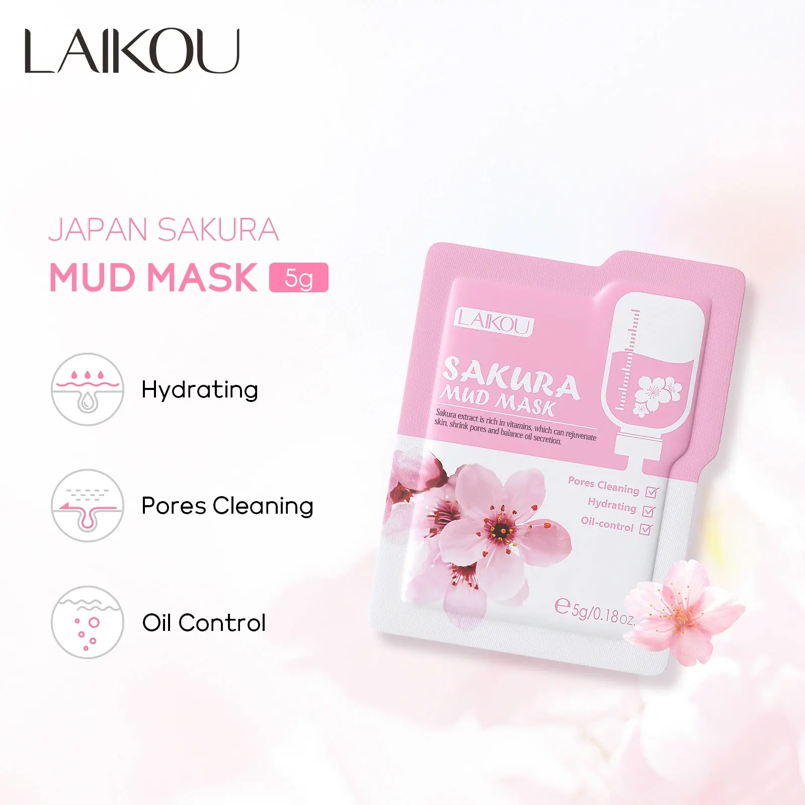 10pcsLAIKOU Sakura Mud Mask Bag, Hydrating, Anti-wrinkle, Brightening, Cleansing Pores, Skin Care Products Manufacturer