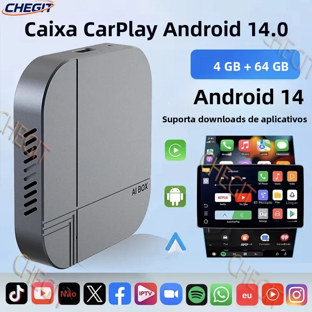 Caixa Smart Android 14 com CarPlay Sem Fio, Android Auto, 4G+64G, 2G+16G, TV Box, Reprodutor Multimídia para Carro, Conexão Automática para Youtube e Netflix For VW Toyota Nissan Honda Ford Benz