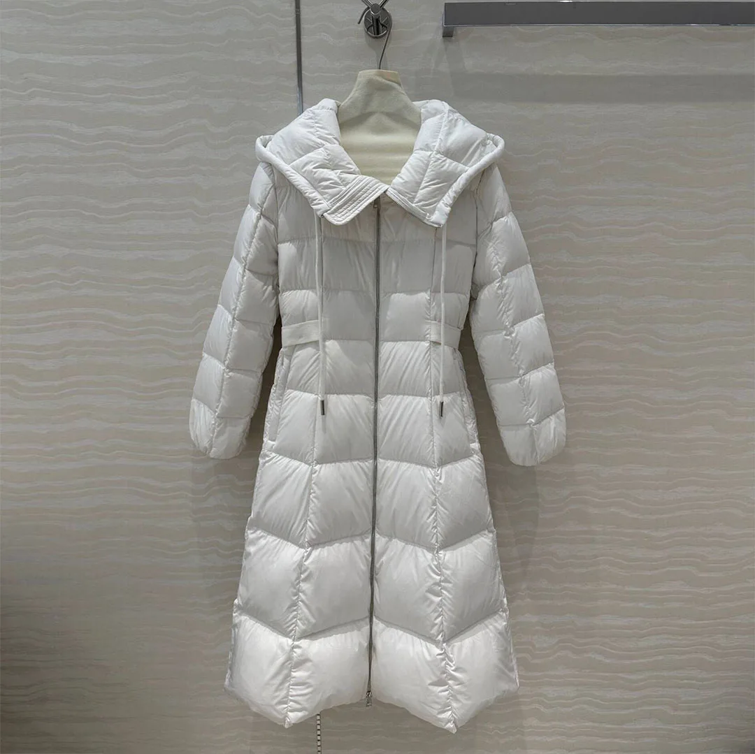 2024 New Fashion Winter Warm 90% White Goose Down Long Coat Women Hooded Long Sleeve Solid Plaid Quilting Slim Belt Thick Jacket