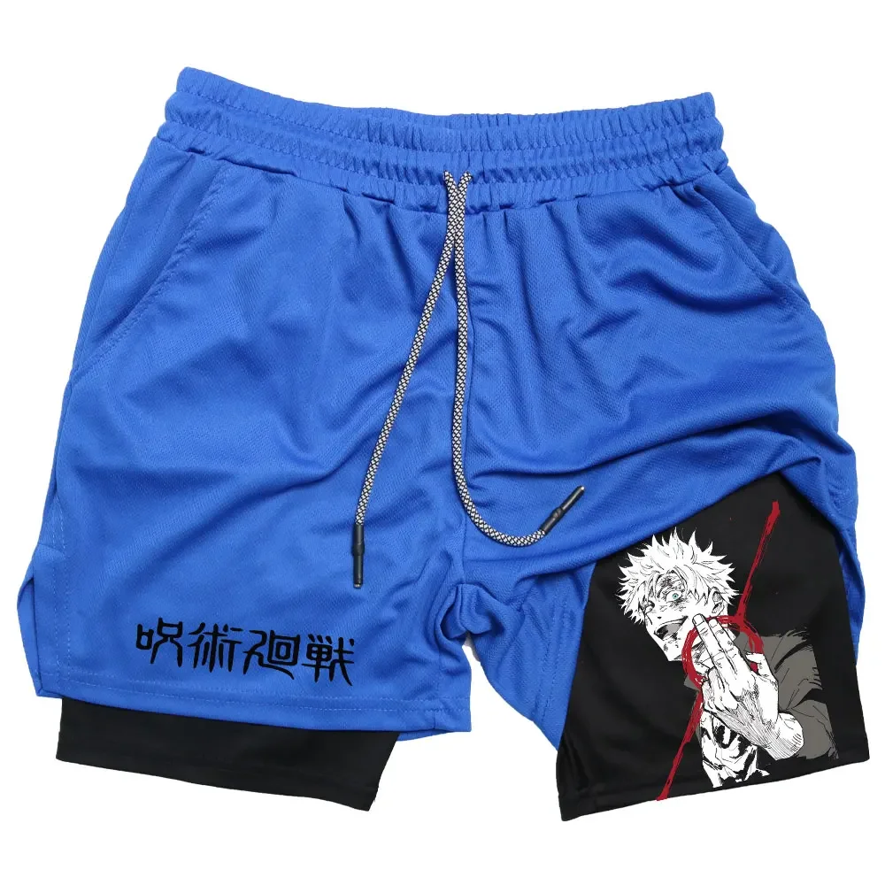 Pantalones cortos de gimnasio de Anime Jujutsu Kaisen, Fitness 2 en 1, pantalones cortos de rendimiento de compresión, entrenamiento, secado rápido,