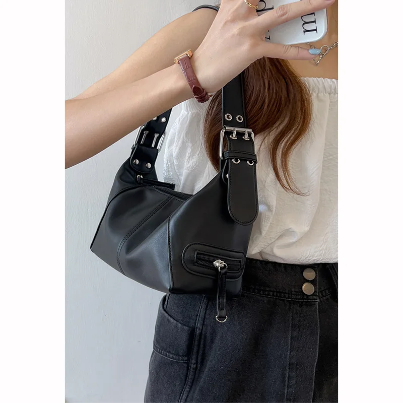 TRSYPHXM new Girl's niche design leather zipper single shoulder hand-held underarm bag retro European and American 2024 new bag