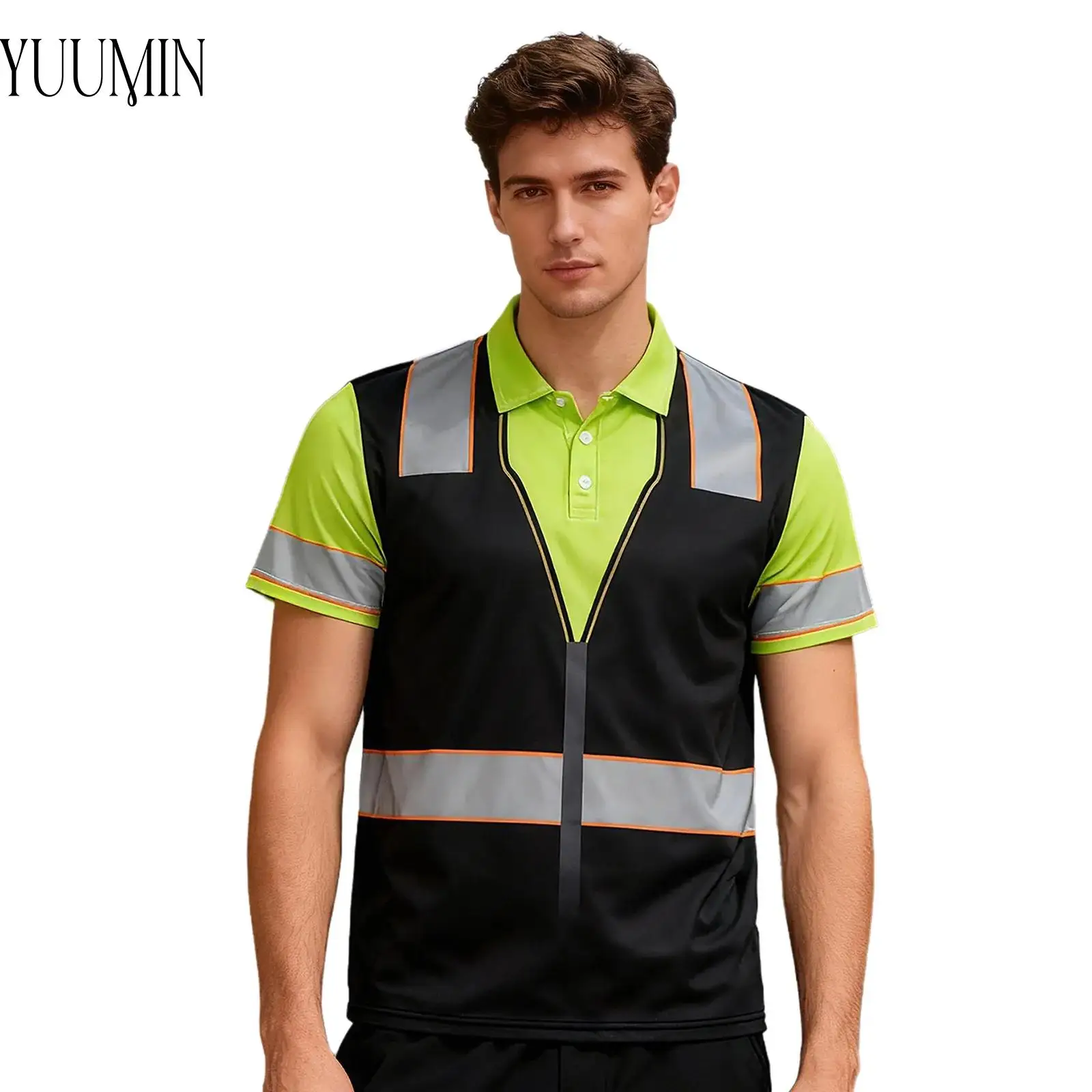 

Mens Outdoor Tops Color Block Striped Top Workwear Turn-Down Collar Short Sleeve T-shirt for Construction Site Petrol Station