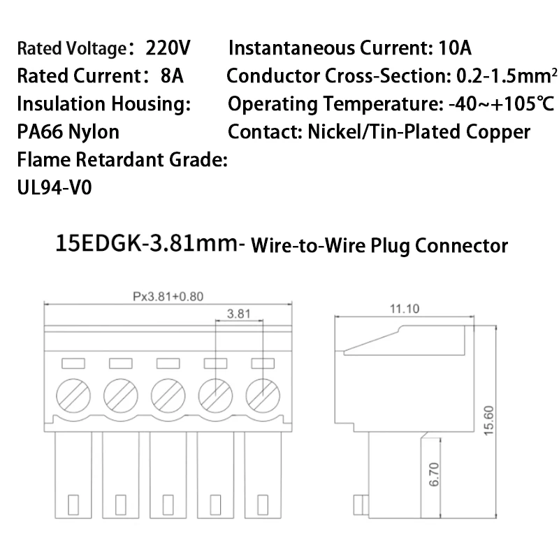 【풀세트 5개】15EDGK-3.81mm 직각 헤더 & 플러그 어셈블리 | 이중 플랜지 패널 장착 | -40℃~105℃ 혹한환경용