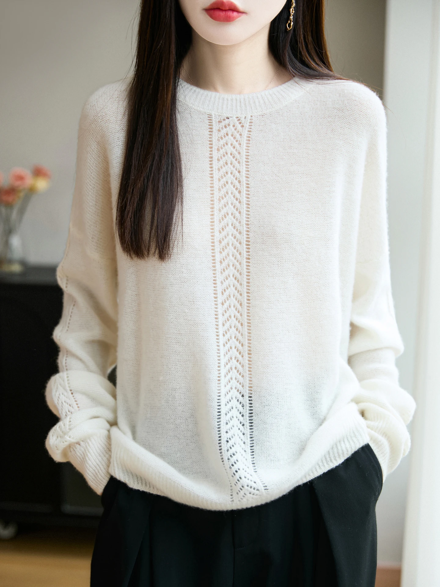 Autunno Inverno Donna Girocollo 100% Lana Merino 7 Aghi Caldo Addensato Singolo Ptrato Verticale Hollow Texture Pullover Maglione