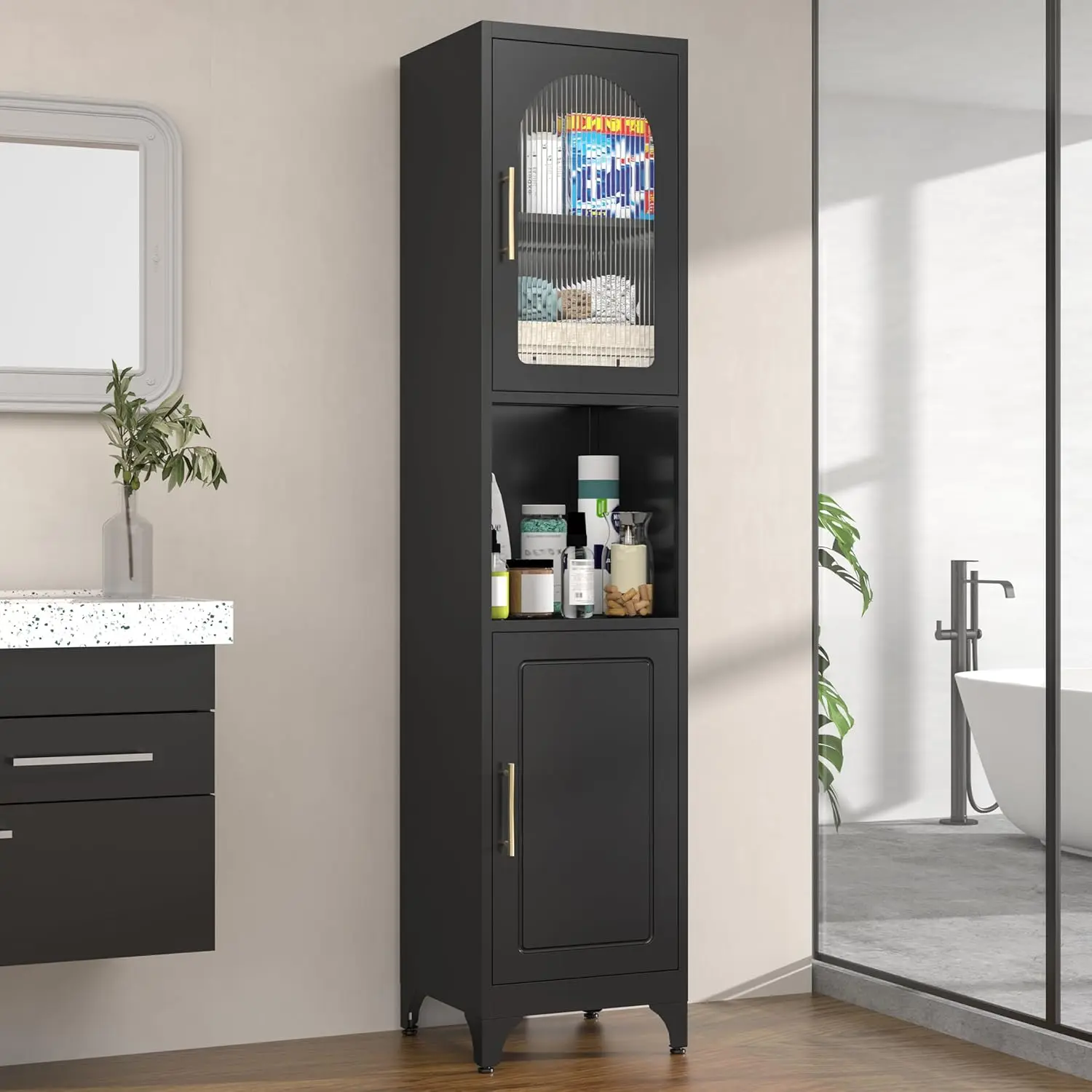 Mueble de baño estrecho negro de 75' con 2 puertas y estantes ajustables, almacenamiento de metal independiente para cocina, sala de estar, entrada