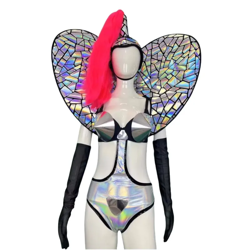 

Silver Laser Backboard Bodysuit Headgear Dance Outfit Bar Nightclub Drag Queen Costume Women Dancer Team Show Sexy Stage Wear