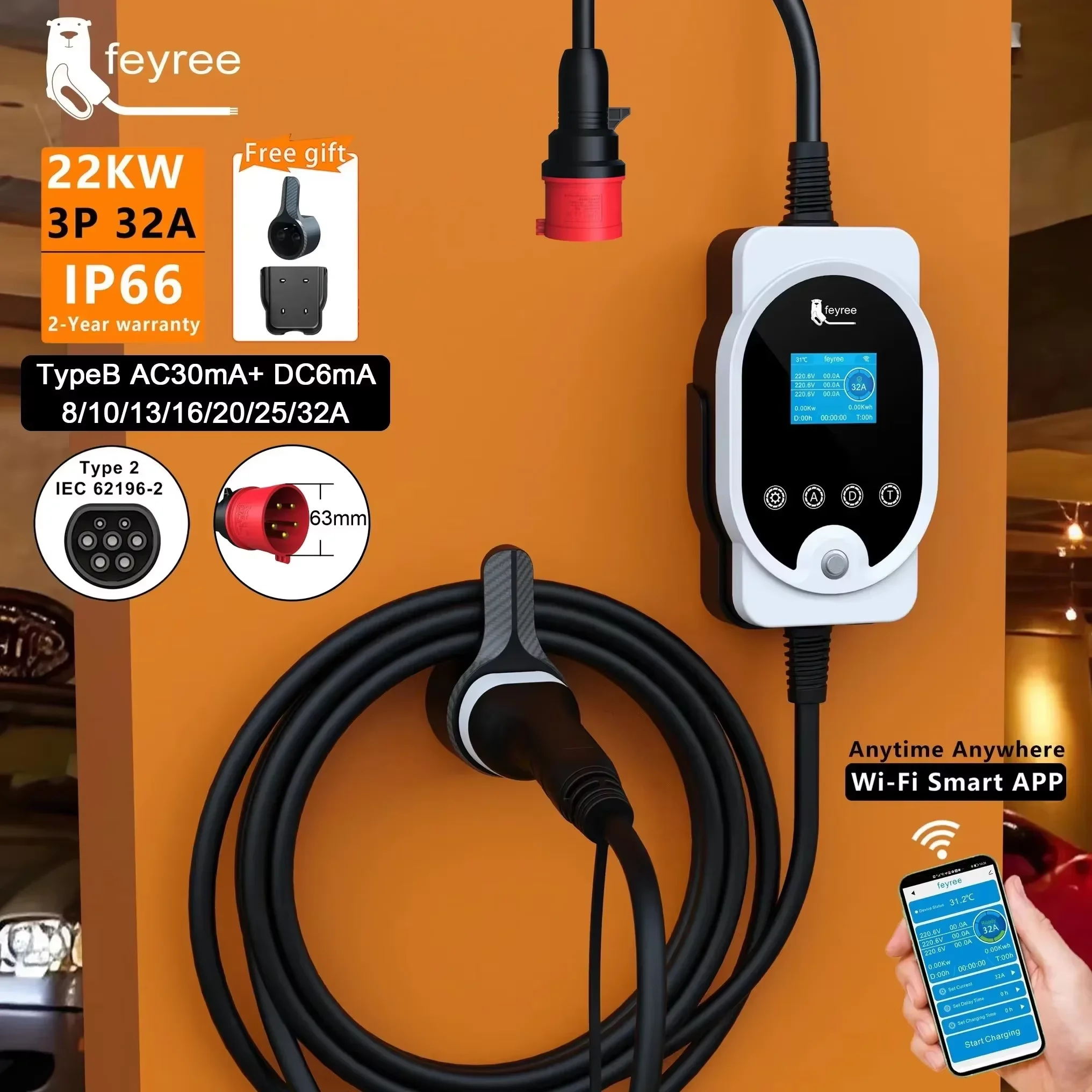 Chargeur portable pour véhicules électriques Feyree 22 kW, 32 A, 3 phases, câble Type 2, borne de recharge murale EVSE, application Wi-Fi, station de recharge mobile intelligente pour véhicules électriques