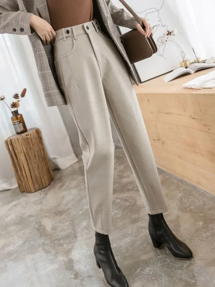 

New Wool Women Pants Solid High Waisted Loose Harem Pant Thickening Warm Autumn Winter Casual Ankle-Length Pants for Women Z141