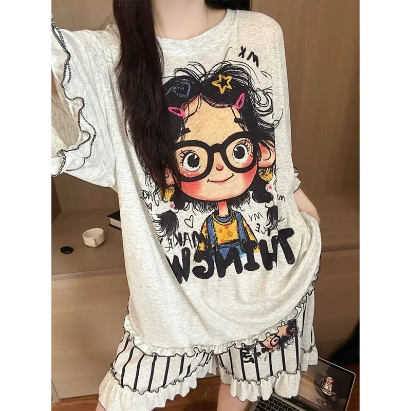New Teenage Girls Casual Pajama Set Short Sleeves Shorts Two-piece Set with Cartoon Character Made of Modal Home Wear for Women