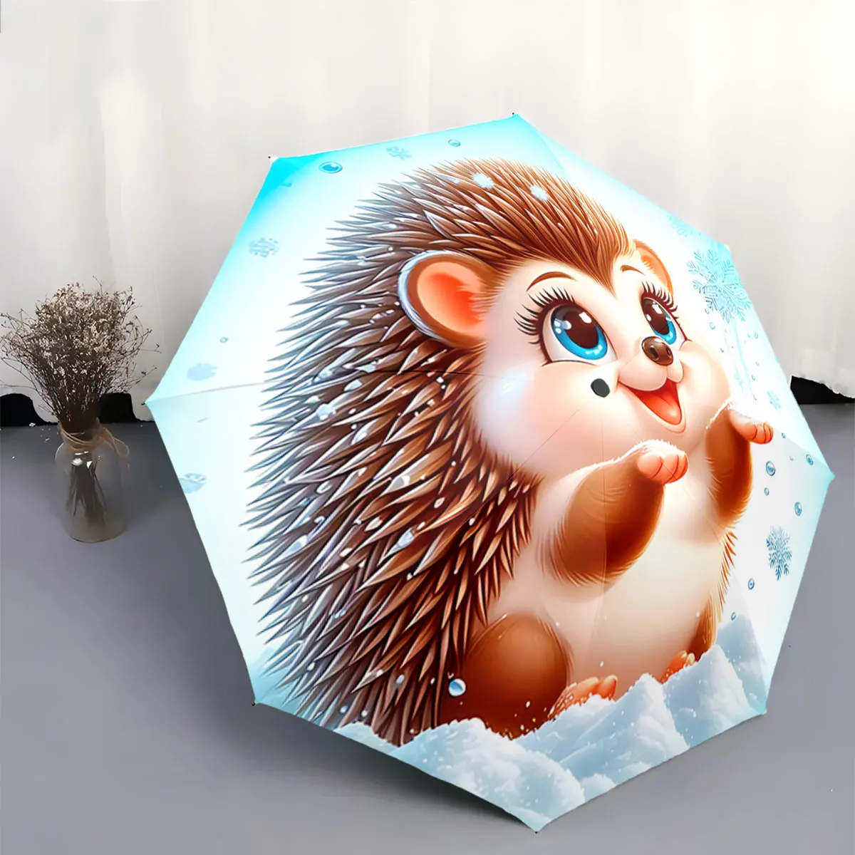 Cute Hedgehog In Snow With Blue Winter Scene Design portable waterproof sun rain umbrella for outdoor travel beach
