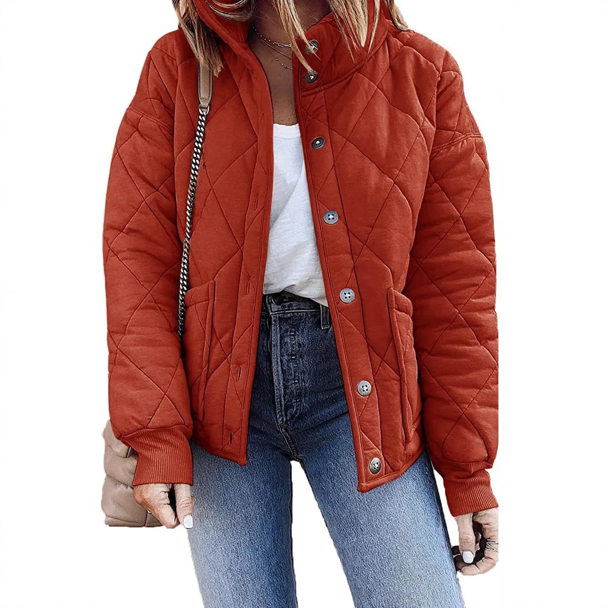 Spring and Autumn Thin Casual Solid Color Loose Stand-up Collar Single Breasted Long Sleeve Quilted Jacket with Pockets Women