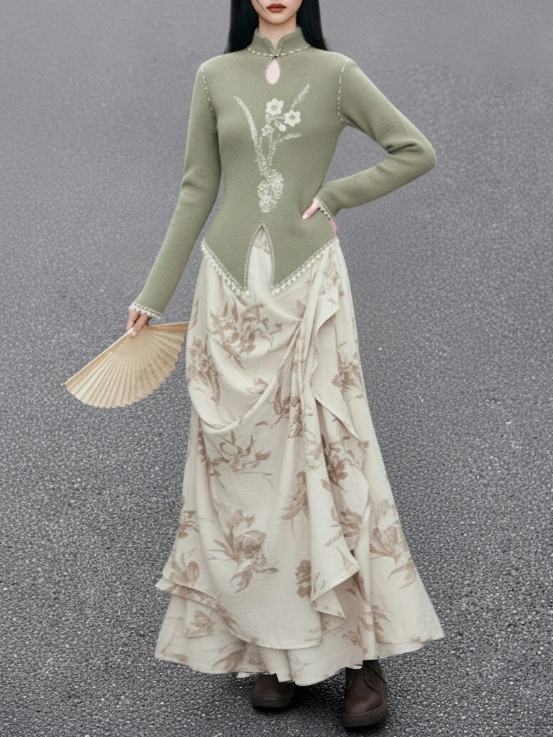 

Новый китайский вязаный свитер с длинными рукавами и воротником-стойкой, с цветочным узором орхидеи, для повседневной носки, модный, приталенный, осенний.